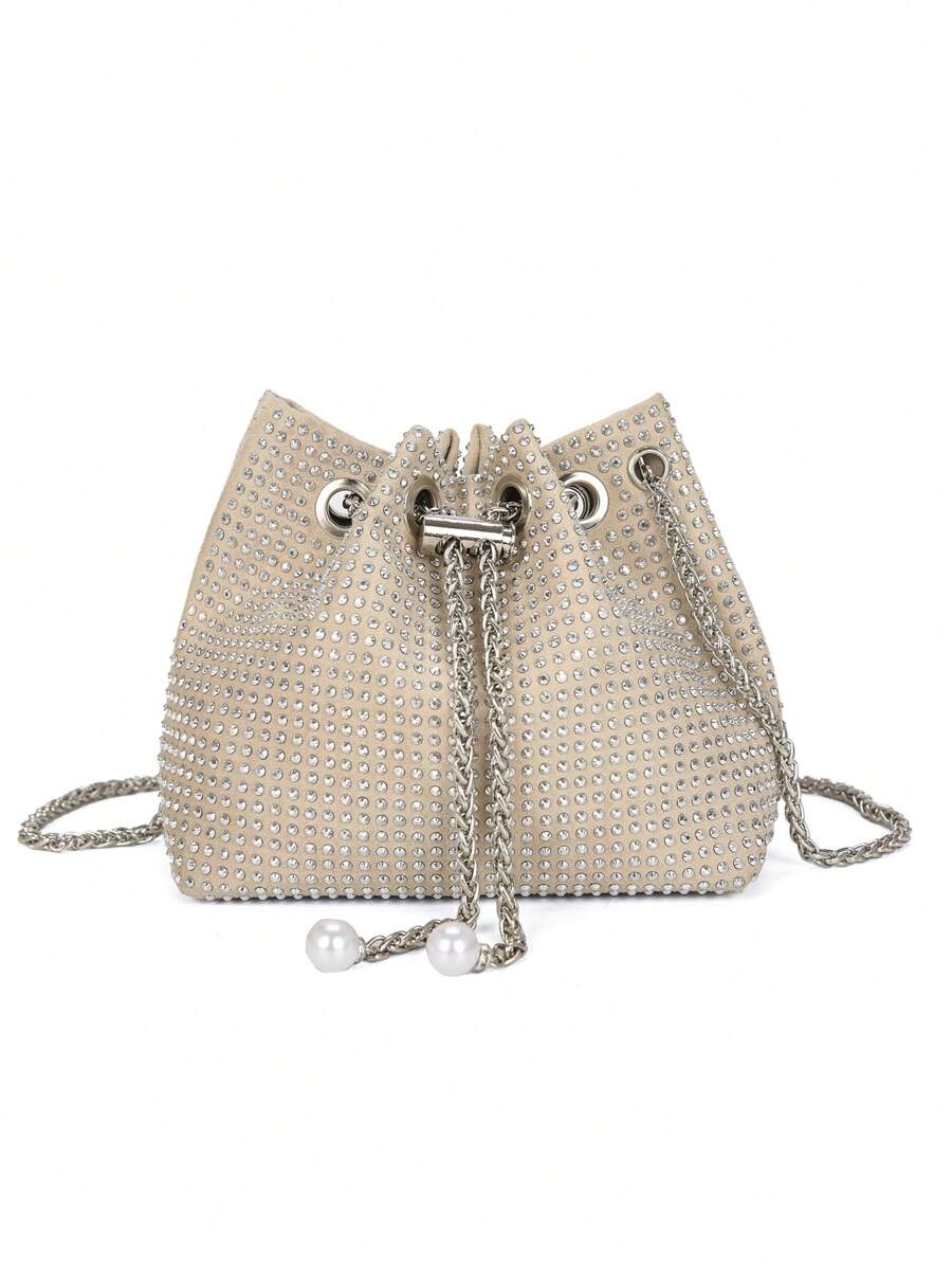 Bucket Bag Suede - Rhinestone Bucket Bag With Chain Strap